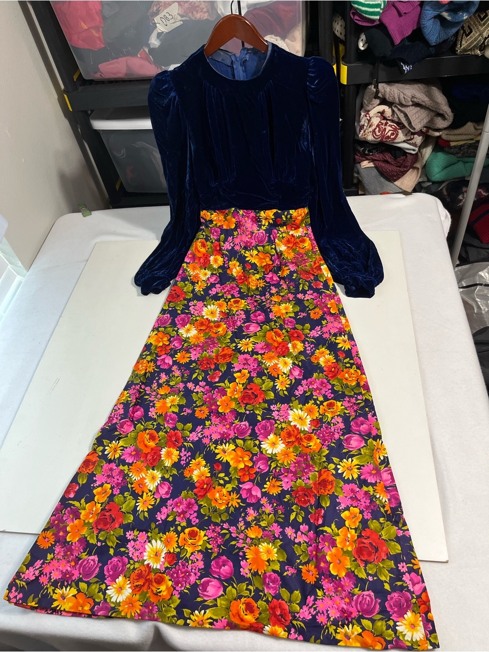 Vintage Hawaiian Dress Floral Navy Maxi Dress Velvet Hostess Bouquet 1970s